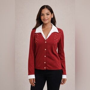 Belldini Red Sweater with White Collar and Stud Details